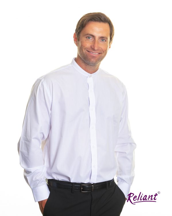 Mens tunic collar clergy shirt with single cuff - white - Reliant Clergy