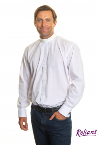 Mens neckband collar shirt with double cuff – white