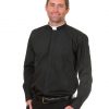 Men's long sleeve tonsure collar clerical shirt with dual function cuffs in black