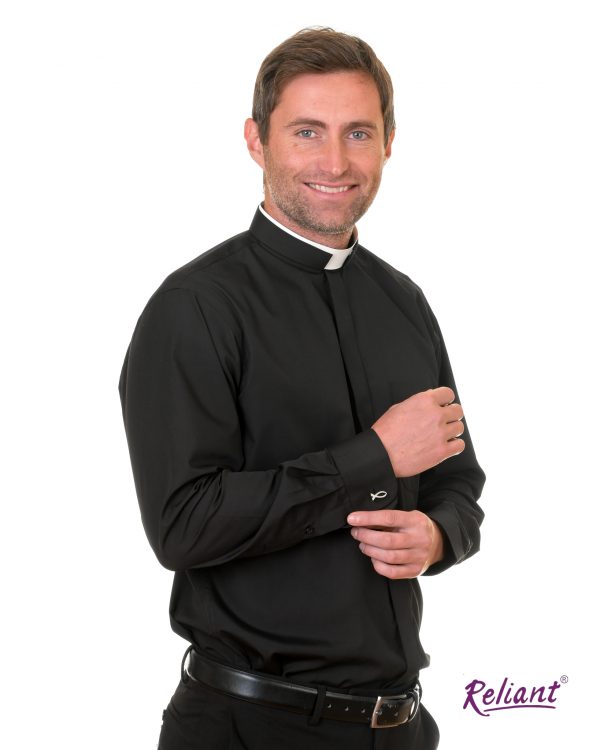 Mens tonsure collar long sleeve clerical shirt - black - dual cuff