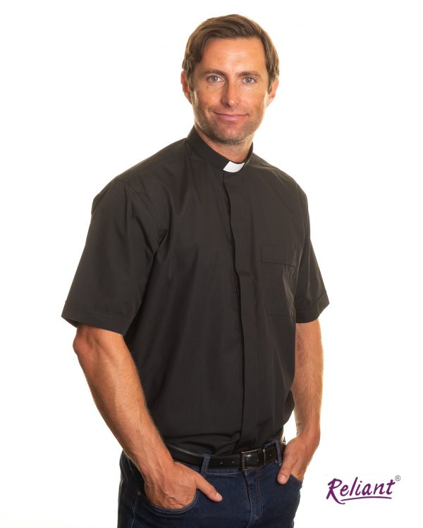Mens 1.25 inch tunnel collar short sleeve clerical shirt - black