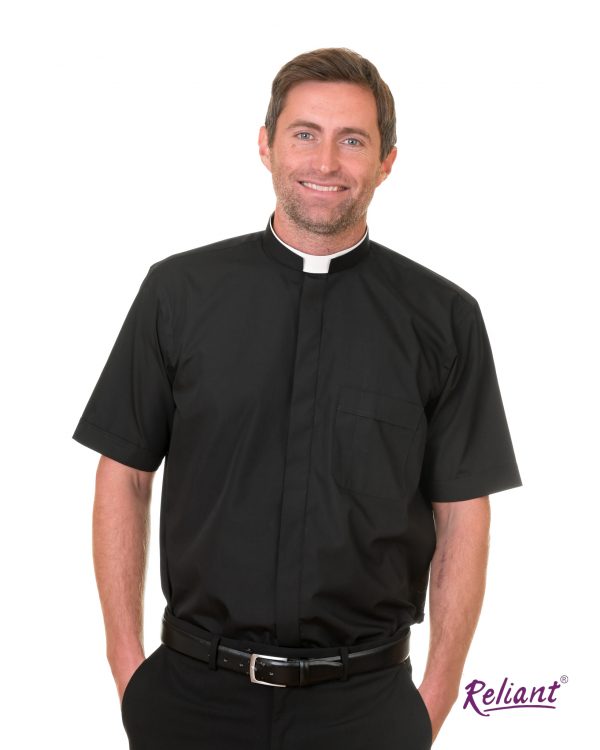 Mens tonsure collar short sleeve clerical shirt - black