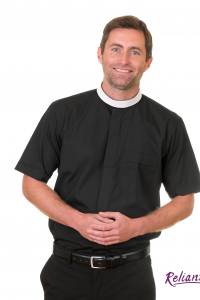 Mens neckband tunic short sleeve clerical shirt – black