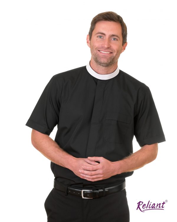 Mens neckband tunic short sleeve clerical shirt - black