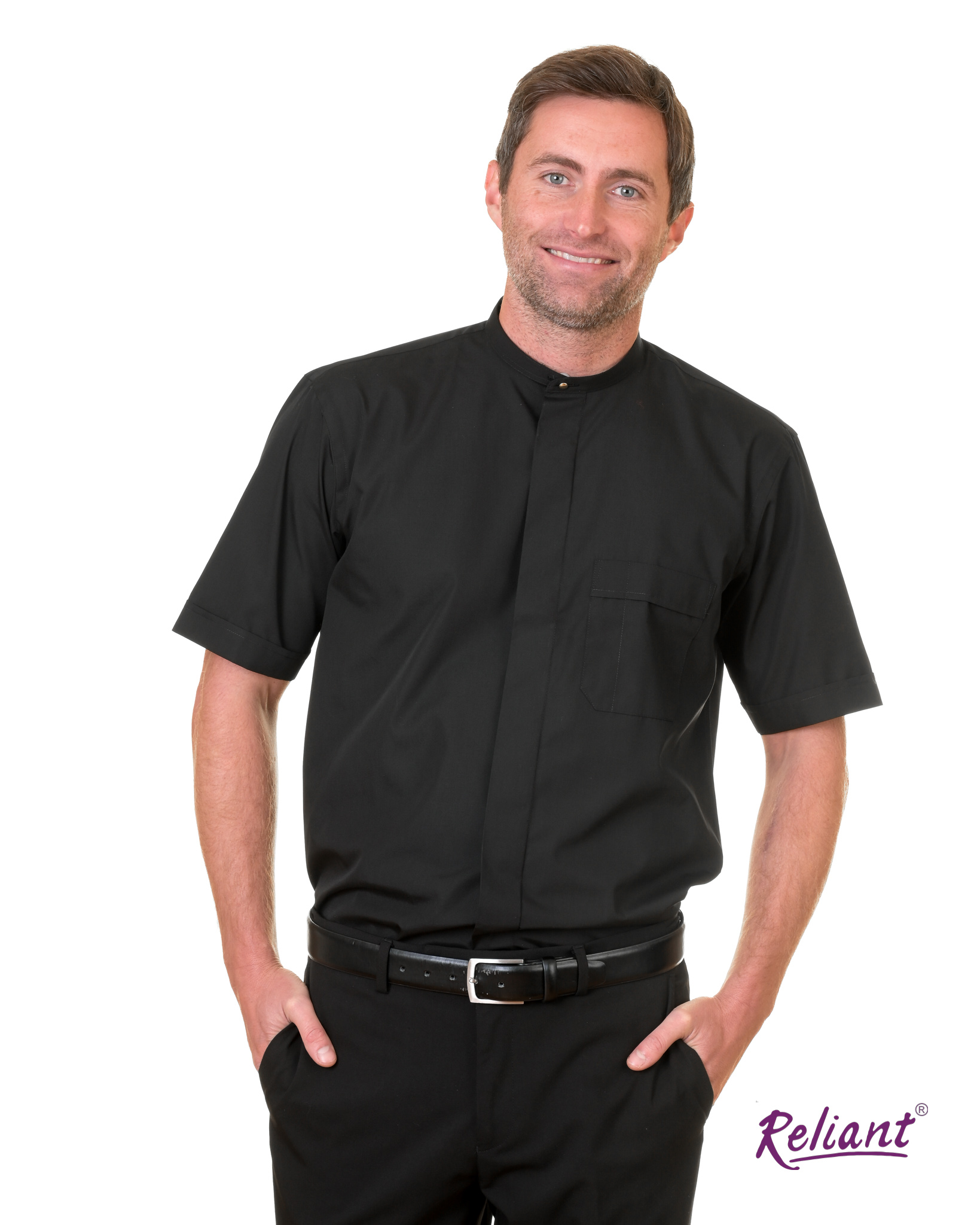 Men's Neckband Collar Tunic Short Sleeve Clerical Shirt - Black ...