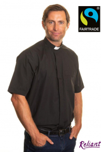 Mens 1 inch tunnel collar short sleeve clerical shirt made with Fairtrade cotton